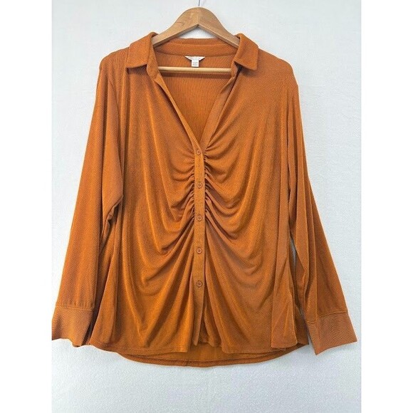 Cato Tops - Women's Cato Size 22W Orange Slinky Button Down Shirt Indie, 70's